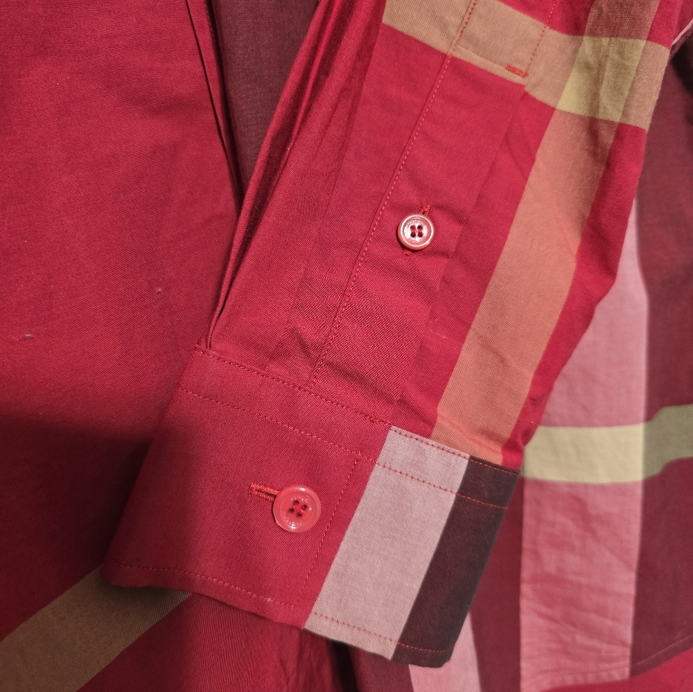 Burberry Check Stretch Cotton Poplin Shirt Red Multicolor Long Sleeve. Large - Picture 9 of 11